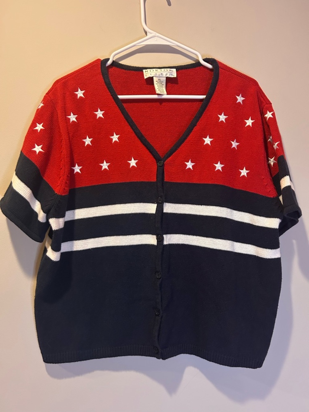 Patriotic Women's Size XL‎ Short Sleeve Sweater Button Cardigan Norton July 4th